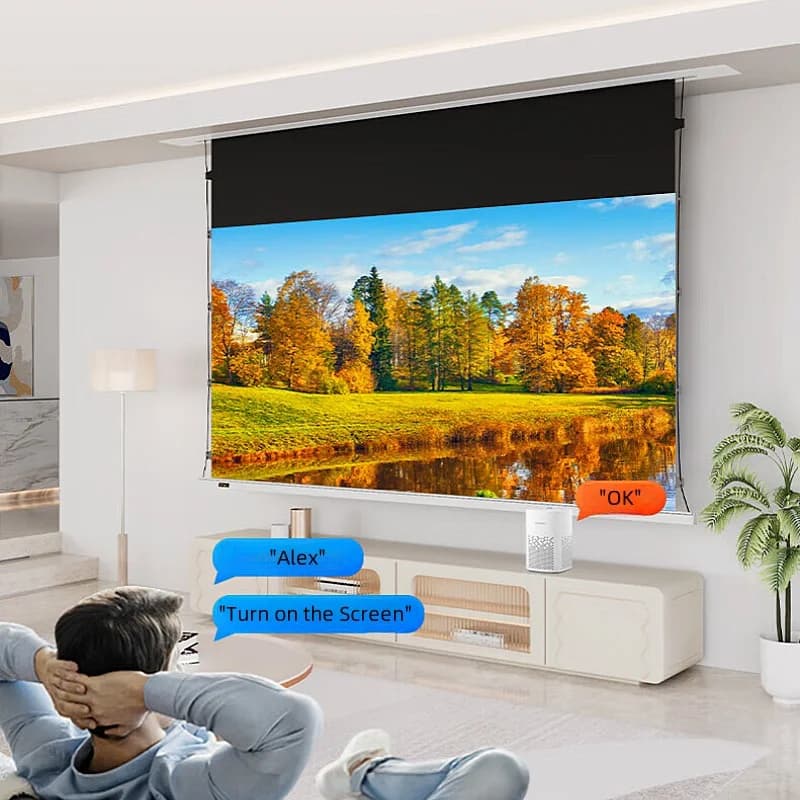 Schermo del proiettore con linguetta da incasso a soffitto motorizzato 16:9 con 4K/8K Premium Fresnel Long Throw ALR che rifiuta la luce ambientale