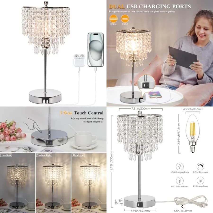 Lampada da Tavolo in Cristallo con Controllo Touch e Porte di Ricarica USB C+A, Lampada da Comodino Dimmerabile a 3 Livelli, Lampada Decorativa da Comodino con