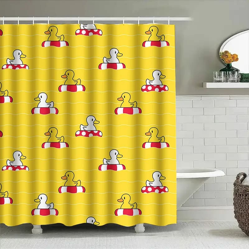 Tenda da doccia con anatra in gomma giallo brillante, design in tessuto impermeabile per decorazioni per il bagno dei bambini, modello salvagente rosso bianco, bagno domestico