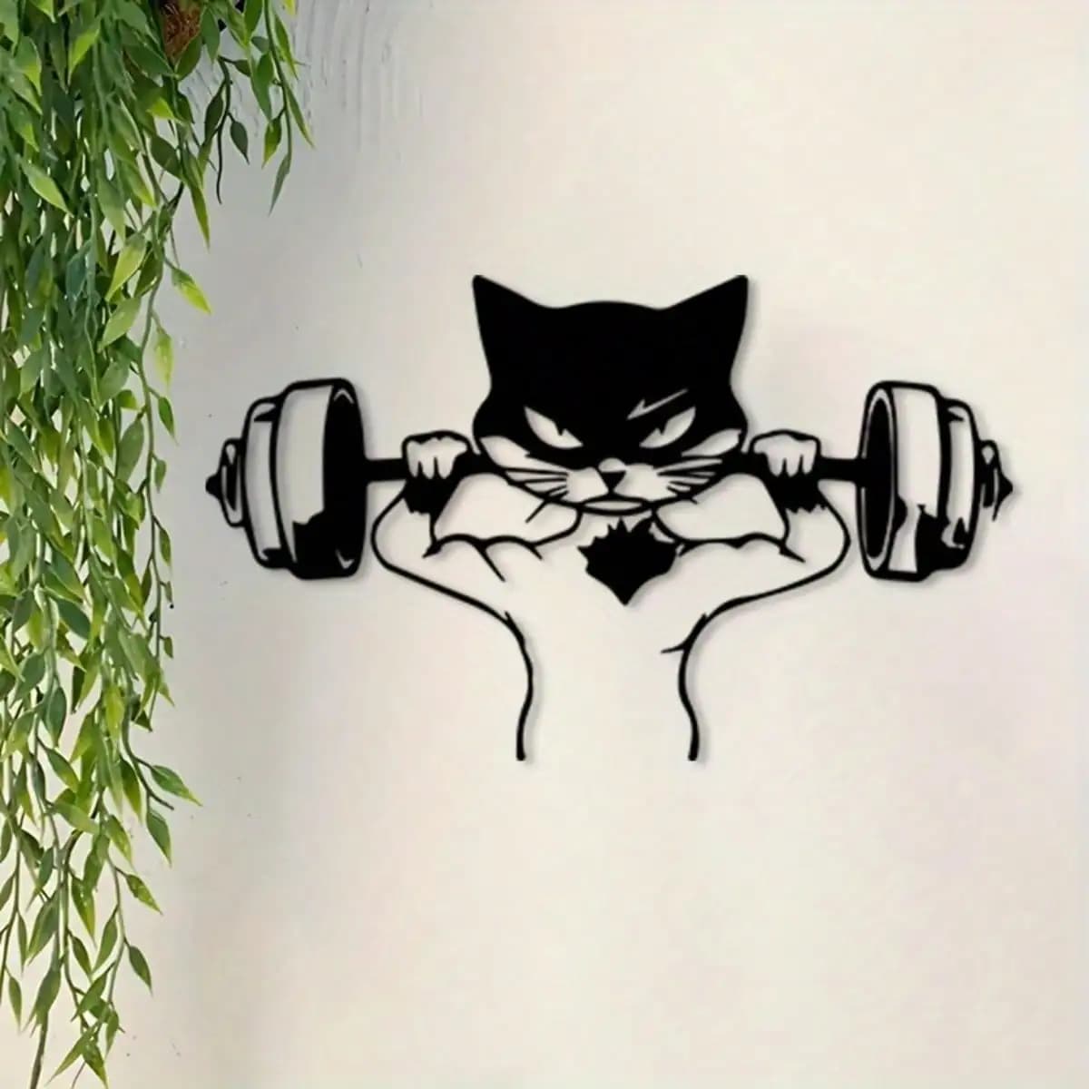 CIFBUY Retro Muscle Cat Metal Wall Art Rustproof Iron Sculpture With Dumbbell For Home Gym Living Room Fitness Lover Decor
