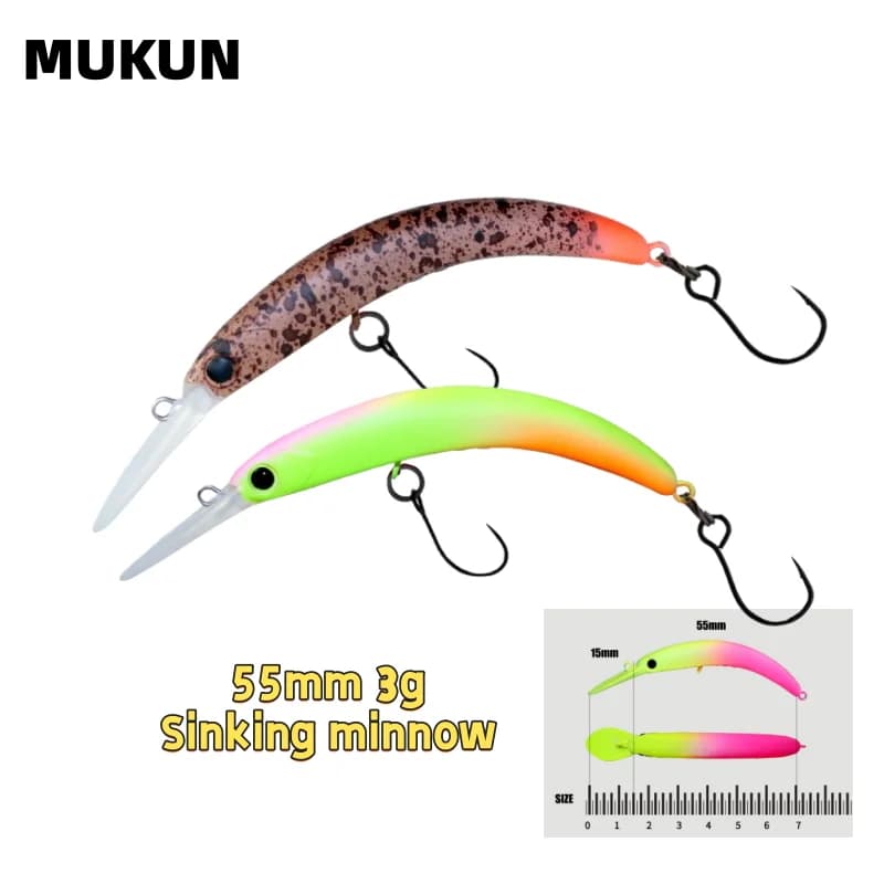 MUKUN Minnow Esca da pesca dura Affondamento 55mm/3g Esca da pesca per Bass Manovella Esca dura artificiale Attrezzatura
