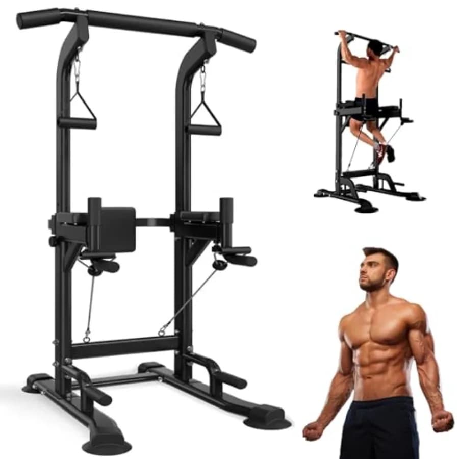 Power Tower with Home Gym Traction Bar, Multifunctional Station Adjustable Height for Dip Training, Strength Training Equipment and Fitness