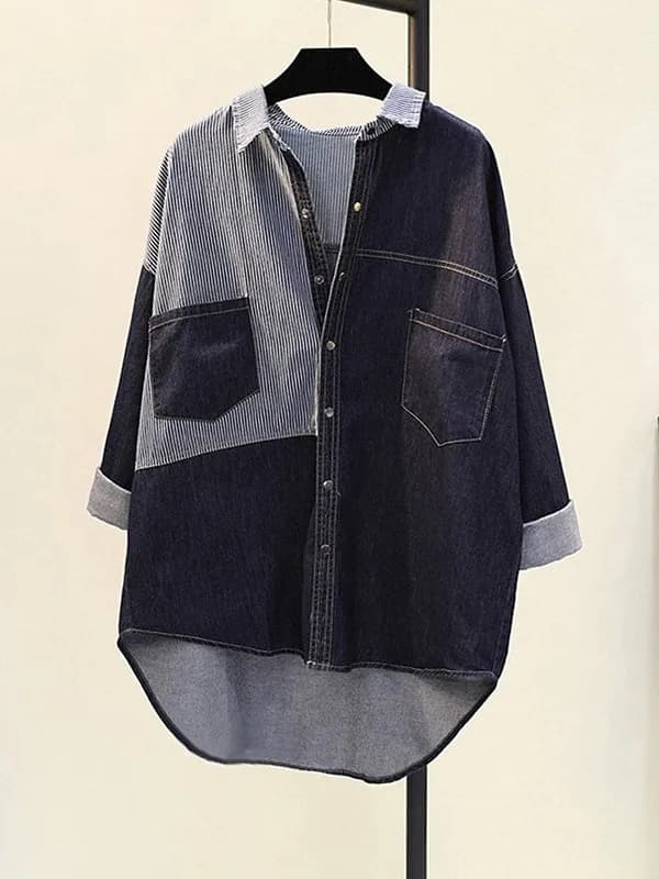 Camicia Casual in Denim Blu da Donna, Nuovo Stile Primavera-Estate, Versione Coreana, Manica Lunga, Doppia Tasca, Top con Patchwork