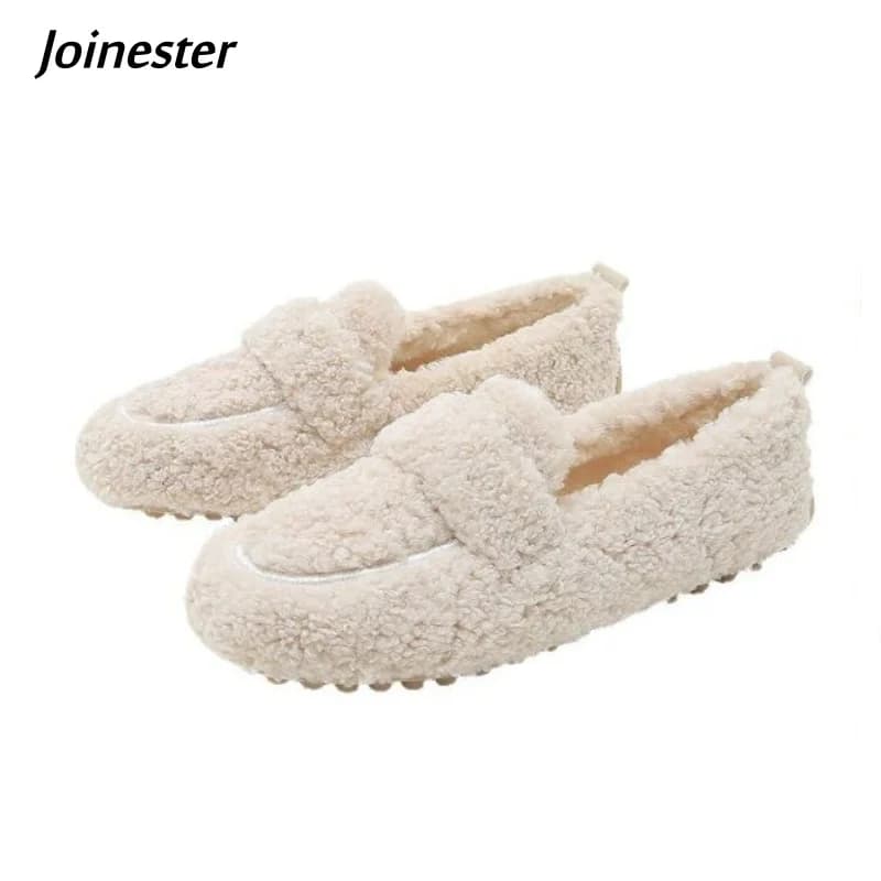 Women's comfort fleece moccasins for the winter Mocassini warm brief-on in pure color Women's casual walking shoes Fashionable low shoes
