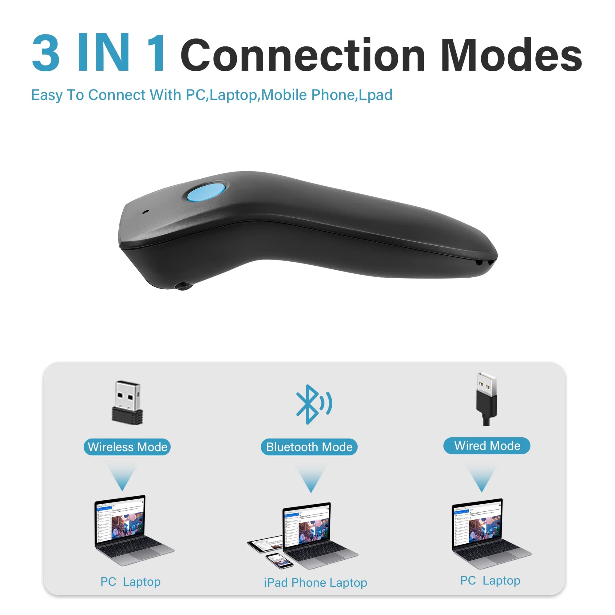 Mini 3 In 1 Bluetooth Barcode Scanner 1D 2D QR Code CCD Screen Barcode Reader Large Capacity Battery Portable Scanner for Phone