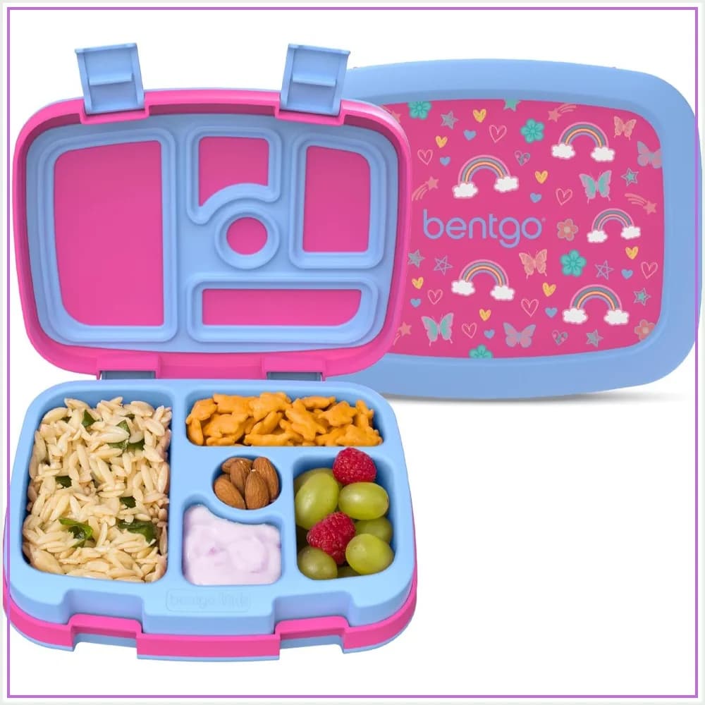 Leak-Proof Kids Lunch Box, 5-Compartment Bento for Ages 3-7, Durable, Drop-Proof, Dishwasher Safe, BPA-Free, Rainbow Butterflies