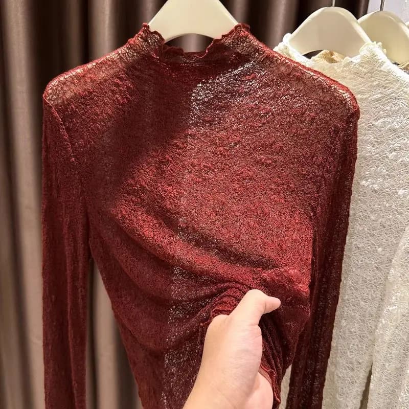 plus Size Lace Long Sleeve Base Shirt Women's Fashion Full Body Mesh T-Shirt Spring Autumn Half High Collar Inner Wear Wood G...