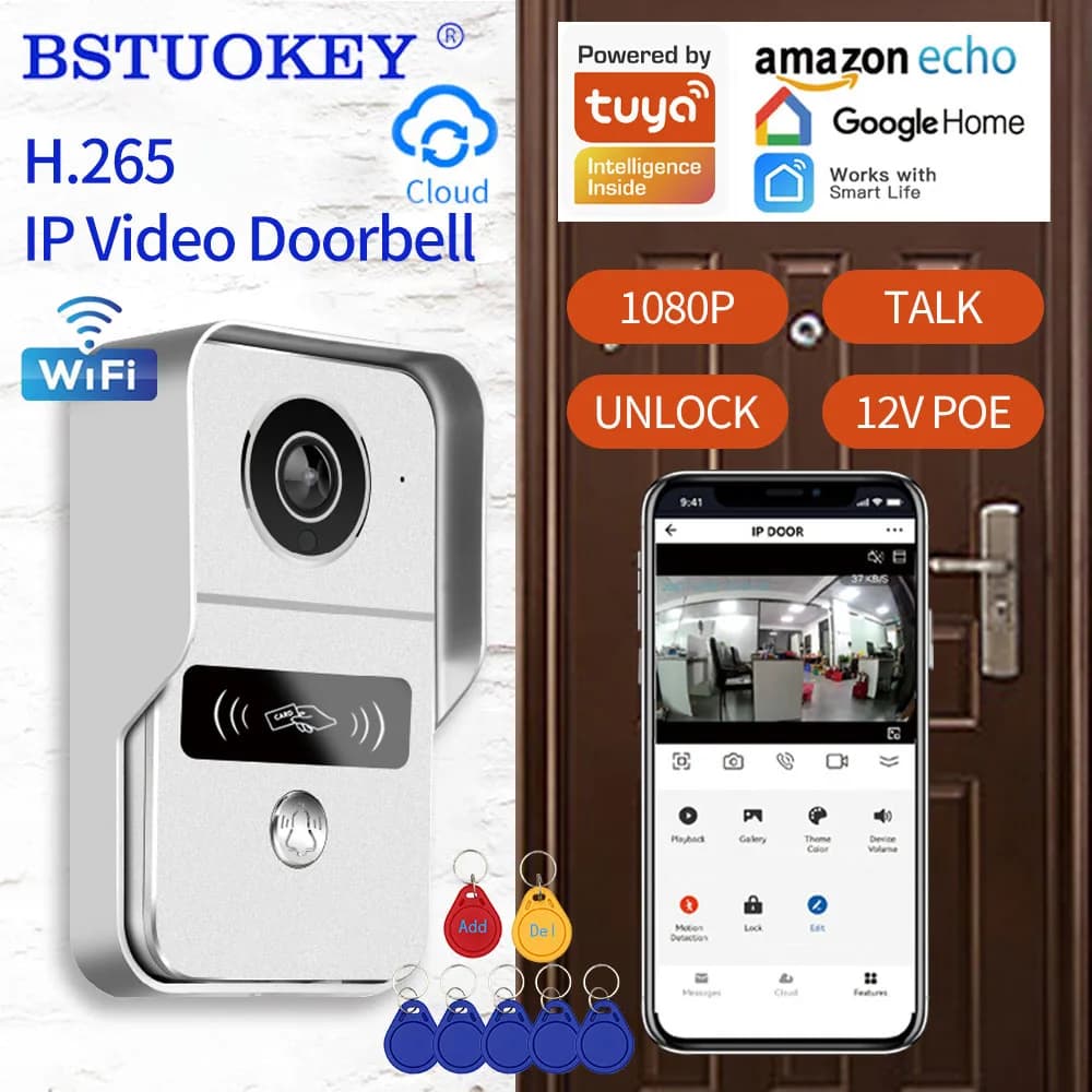 Tuya App 1080P H.265 Protocollo Wifi Video Campanello Citofono Telecamera IP Supporto Alexa Serratura Porta Telecomando Sblocca RJ45 a POE