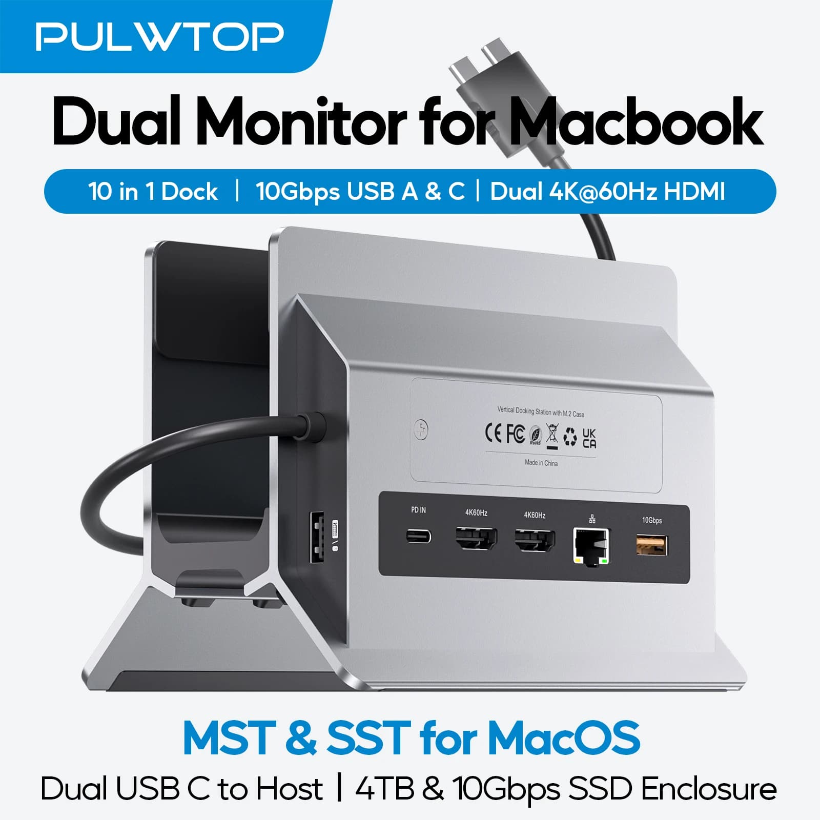 Docking station per MacBook PULWTOP con 2 HDMI 4K@60Hz, USB A/C 10 Gbps, PD, Ethernet, SD/TF, compatibile con MacBook ProAir M3M4M5