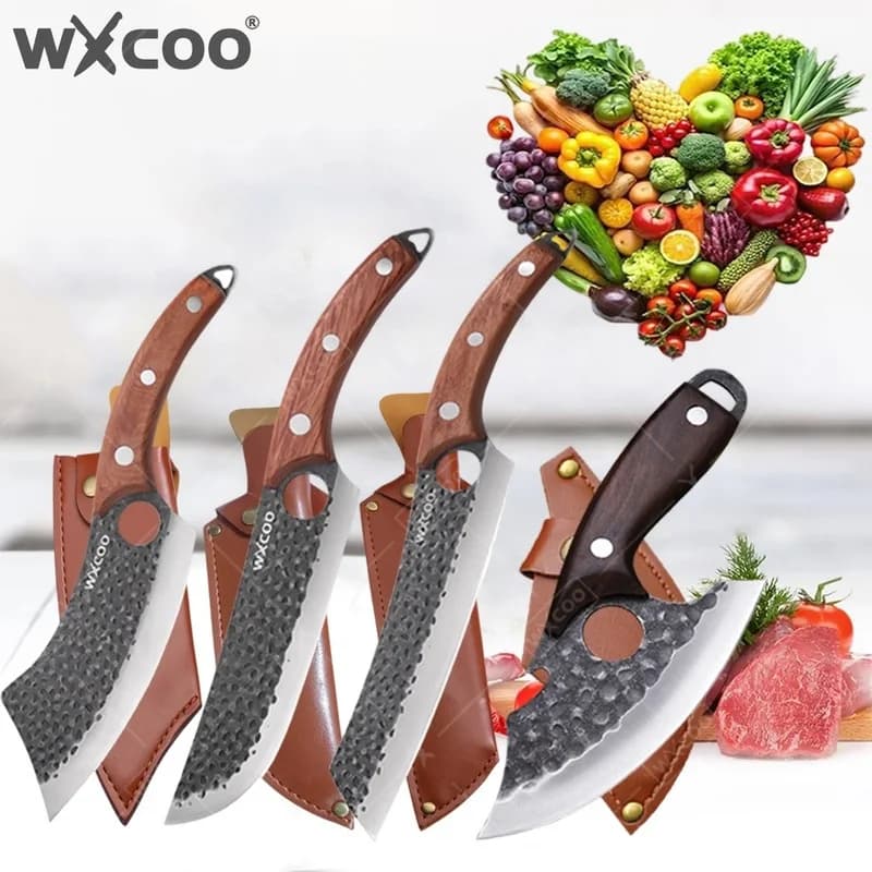 WXCOO Stainless Steel Kitchen Knife Set Forged: Butcher's knife, Fruit slicer, Meat hanger, Bone knife, Tagliere