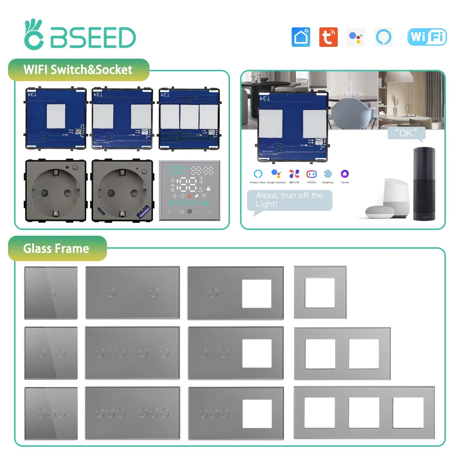 BSEED 1/2/3Gang WIFI Touch Light Switch Module Smart Switch Starter Wifi EU Parts FAI DA TE Glass Panel Free Combination