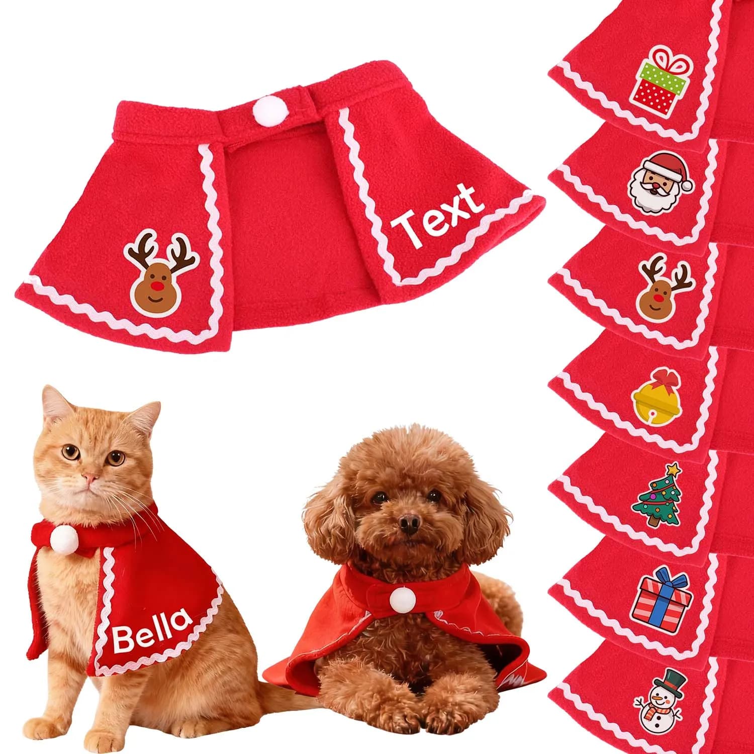 Sciarpa scialle natalizia per animali domestici Testo personalizzato personalizzato Modelli carini (Albero di Natale/Papbo/campanello/alce) Accessori per le vacanze per cani e gatti