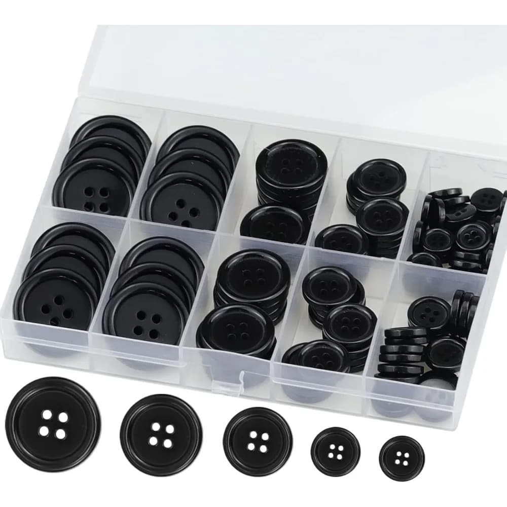 100 Pieces Premium Round Black Resin 4 Hole Sewing Buttons Set 5 Sizes Shatterproof Fade Scratch Resistant with Storage Box for Garment DIY Craft Knitting Holiday Decoration