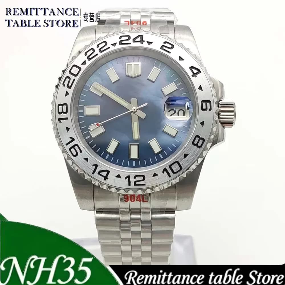 New Parnsrpe NH35 Men GMT Style Automatic Mechanical Watch 40mm Blue Dial Date Sapphire Glass 316L Stainless Steel Daily