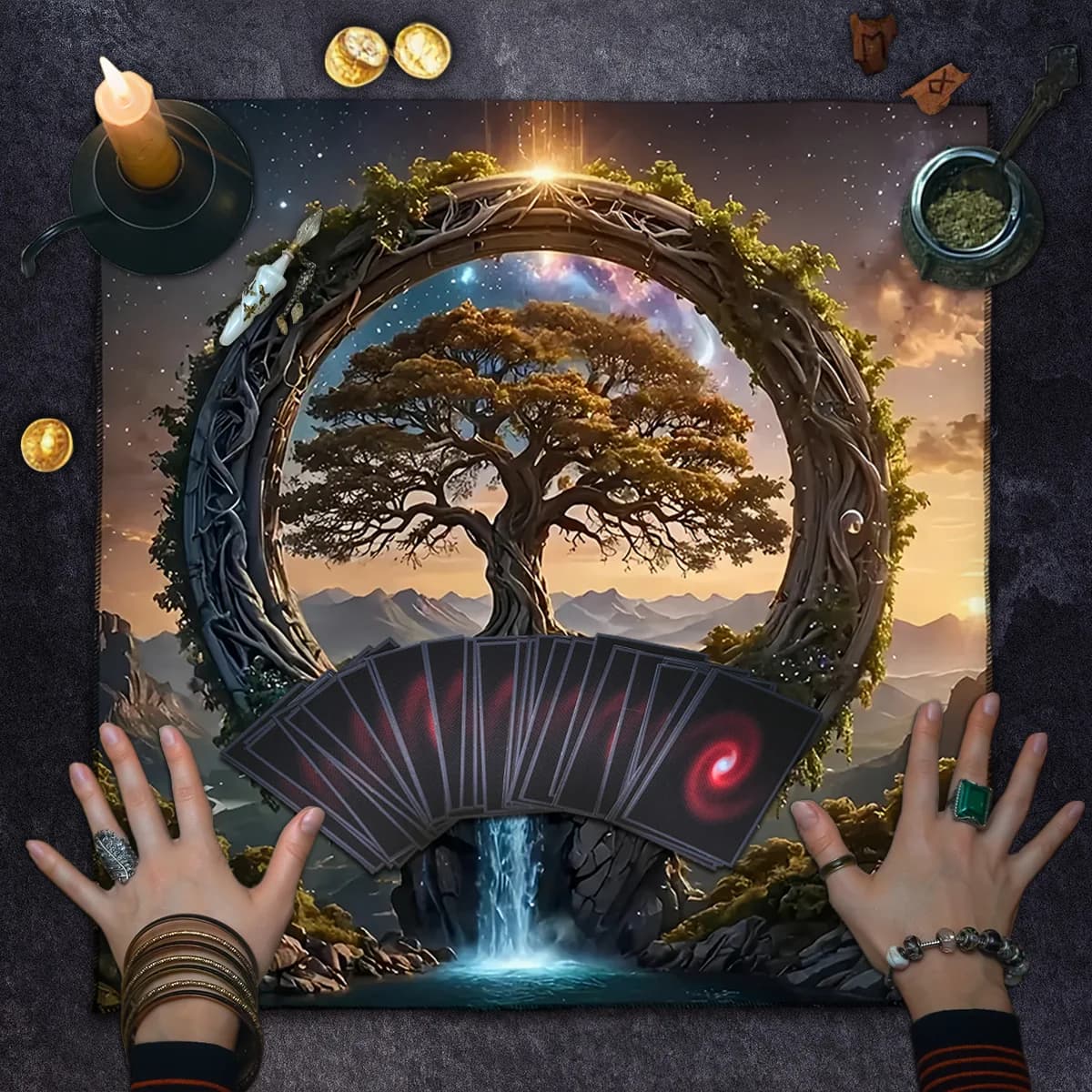 Tovaglia per divinazione dell'albero della vita Tovaglia per tarocchi Tovaglia per altare in poliestere Decorazione per feste con tappetino per carte Oracle