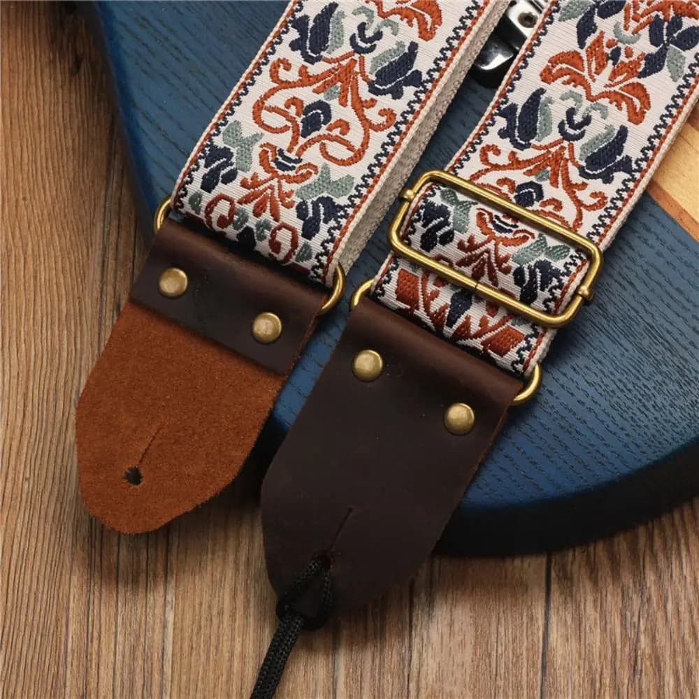 Vintage Flowers Embroidered Guitar Strap Leather Head Adjustable Guitar Strap Belt Tail Nail Pick Cotton Electric Guitar Belt