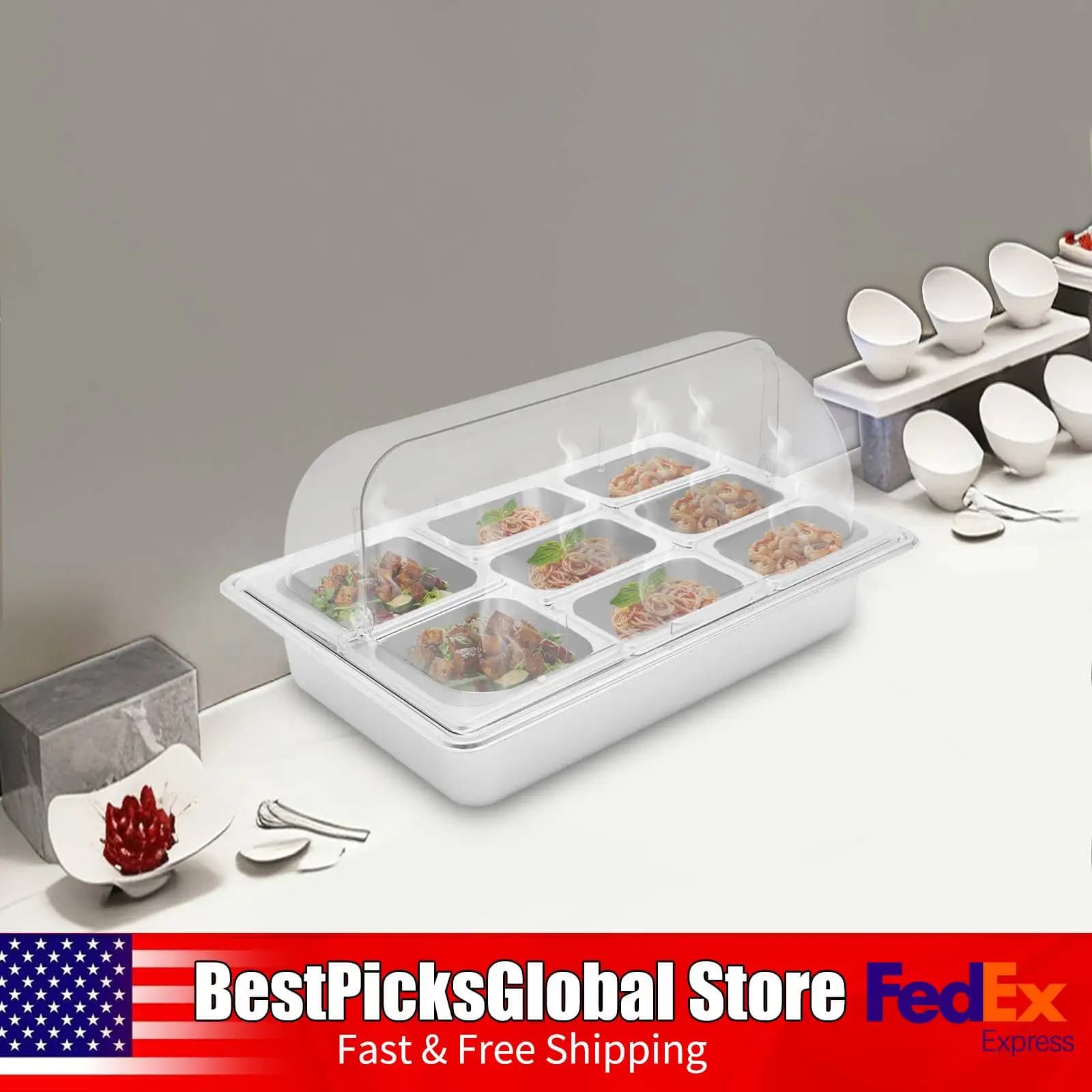 Contenitore per esposizione da banco per servire cibo, vassoio per buffet in acciaio inossidabile a 8 vaschette con coperchio trasparente per hotel