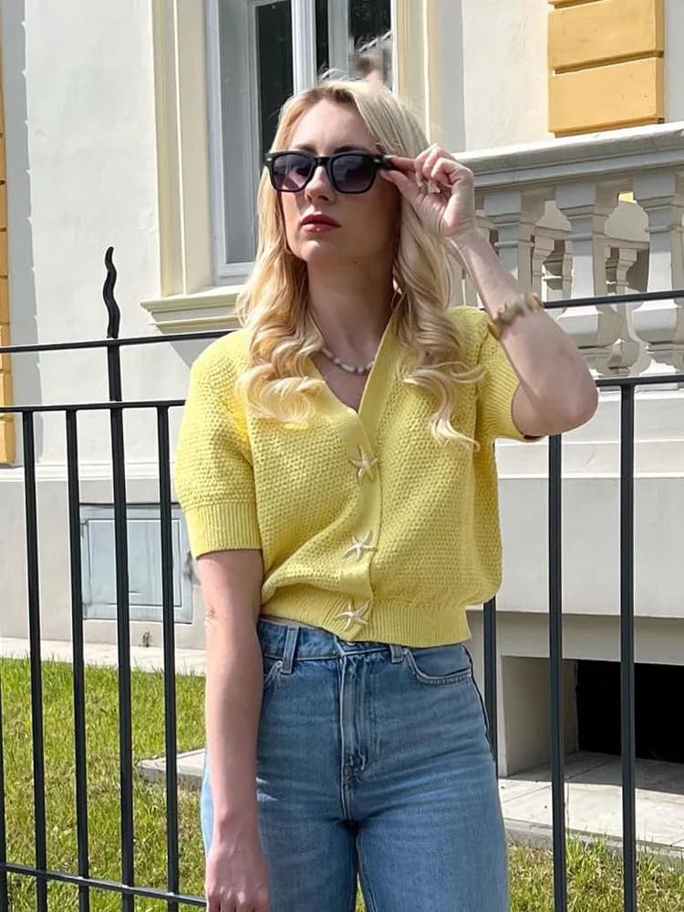 HH Camicetta corta lavorata a maglia con bottoni sottili alla moda estiva da donna Giacca cardigan a maniche corte con scollo a V elegante e chic femminile
