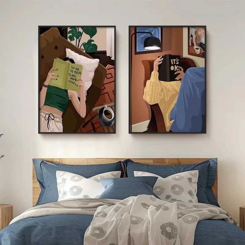 Modern Abstract Figure Canvas Prints, Cozy Reading Woman Wall Art, Neutral Lazy Lifestyle Unframed Poster.