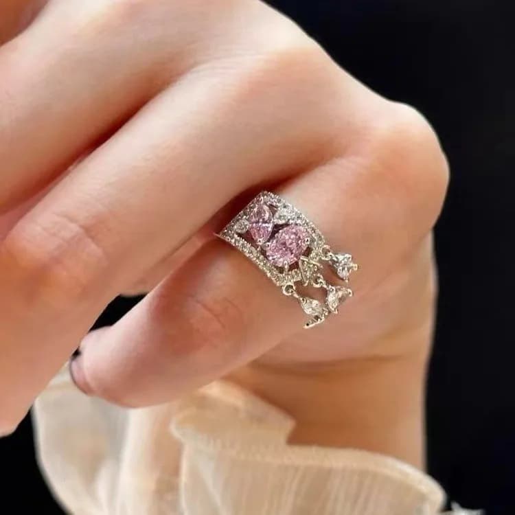 Anelli di coda di gocce d'acqua con gemme rosa vuote squisite di lusso leggero per le donne Anello in argento 925 con nappa stile dolce Gioielli da sposa