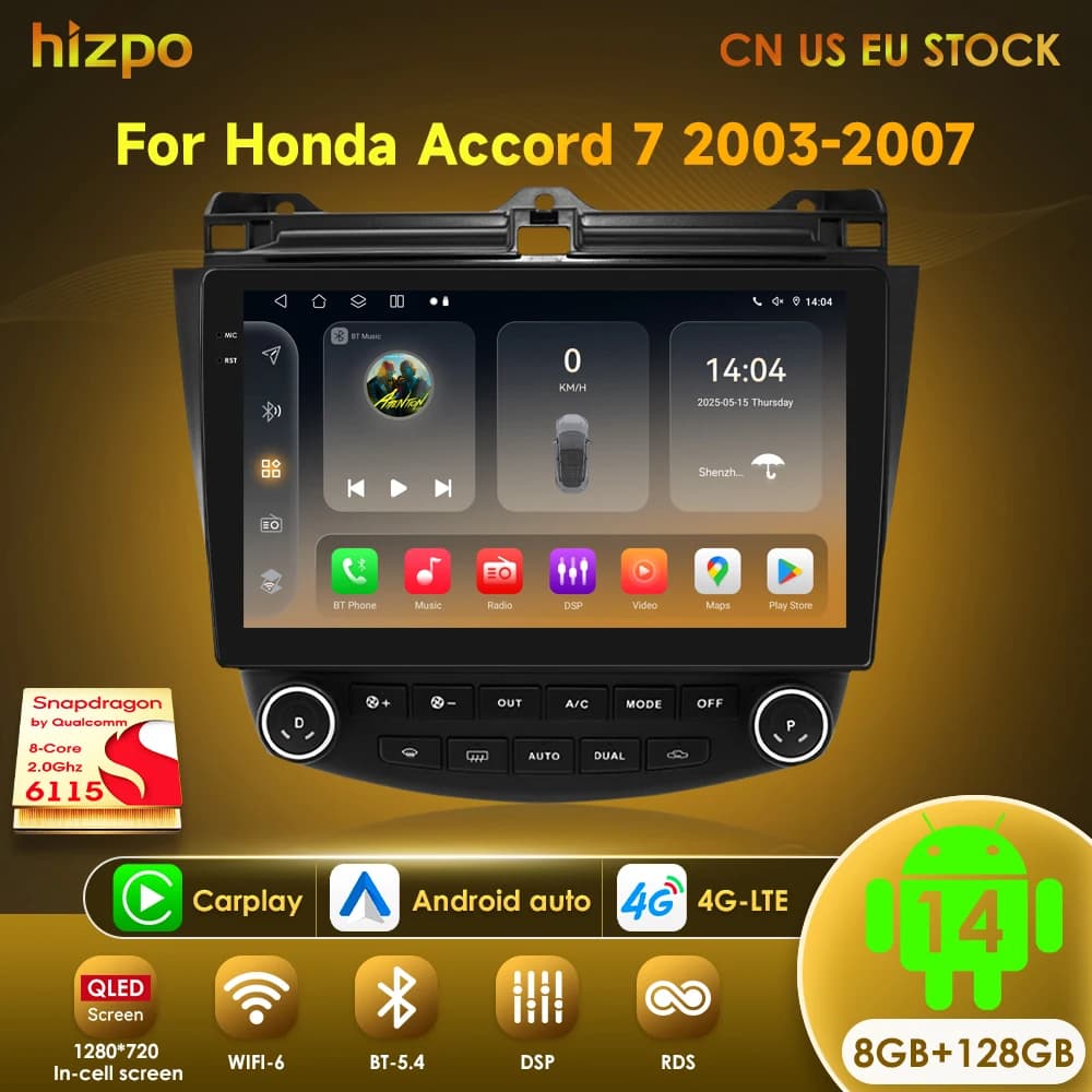 Hizpo 2Din 8G + 128G Android 4G + WiFi DSP CarPlay Autoradio Lettore video multimediale per Honda Accord 7 2003-2007 Navigazione GPS