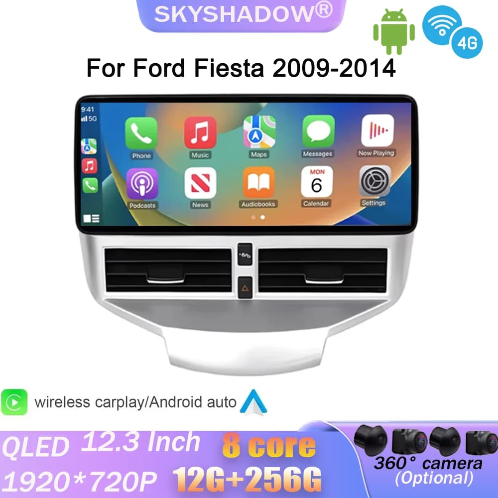 Per Ford Fiesta 2009-2014 Autoradio Lettore video multimediale Navigazione GPS Android AUTO Wireless CarPlay WIFI 4G QLED Radio BT