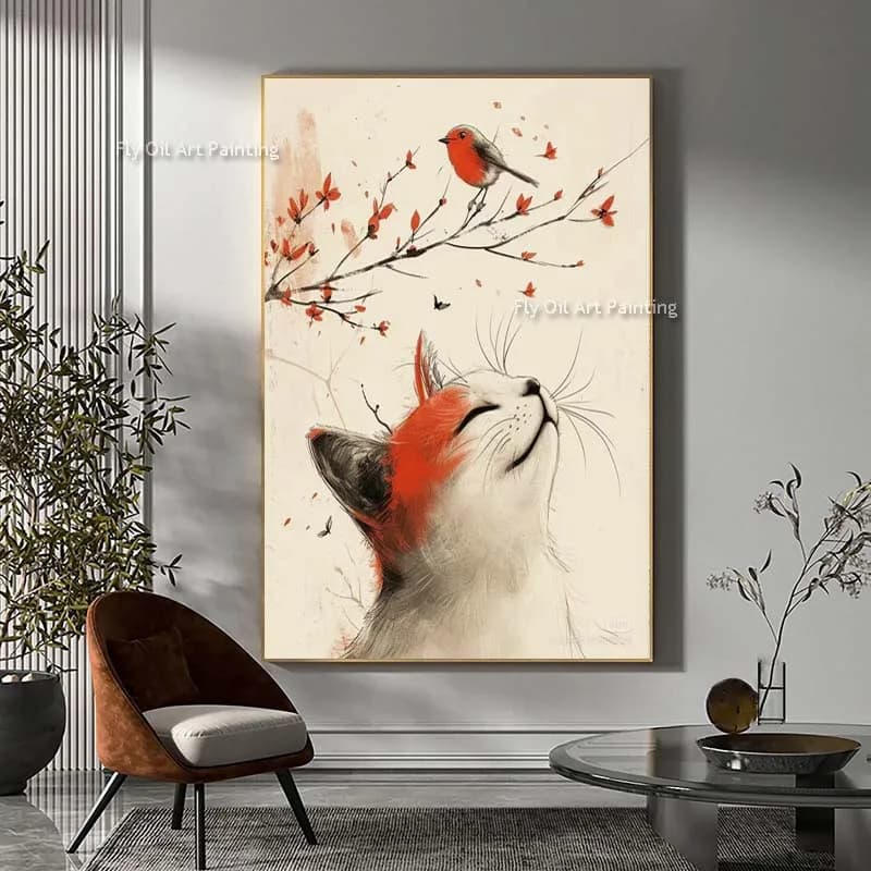 Cute Pet Lucky Cat Oil Painting Hand Painted Bird On The Tree Canvas Painting Animal Landscape Modern Wall Art For Home Decor