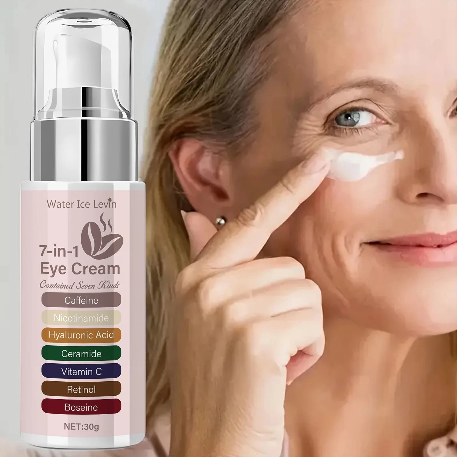 Eye cream 7 in 1. Caffeine Niacinamide Hyaluronic Acid Ceramide Vitamin C Retinol Rose Mosqueta. Results of visible changes. 30g.