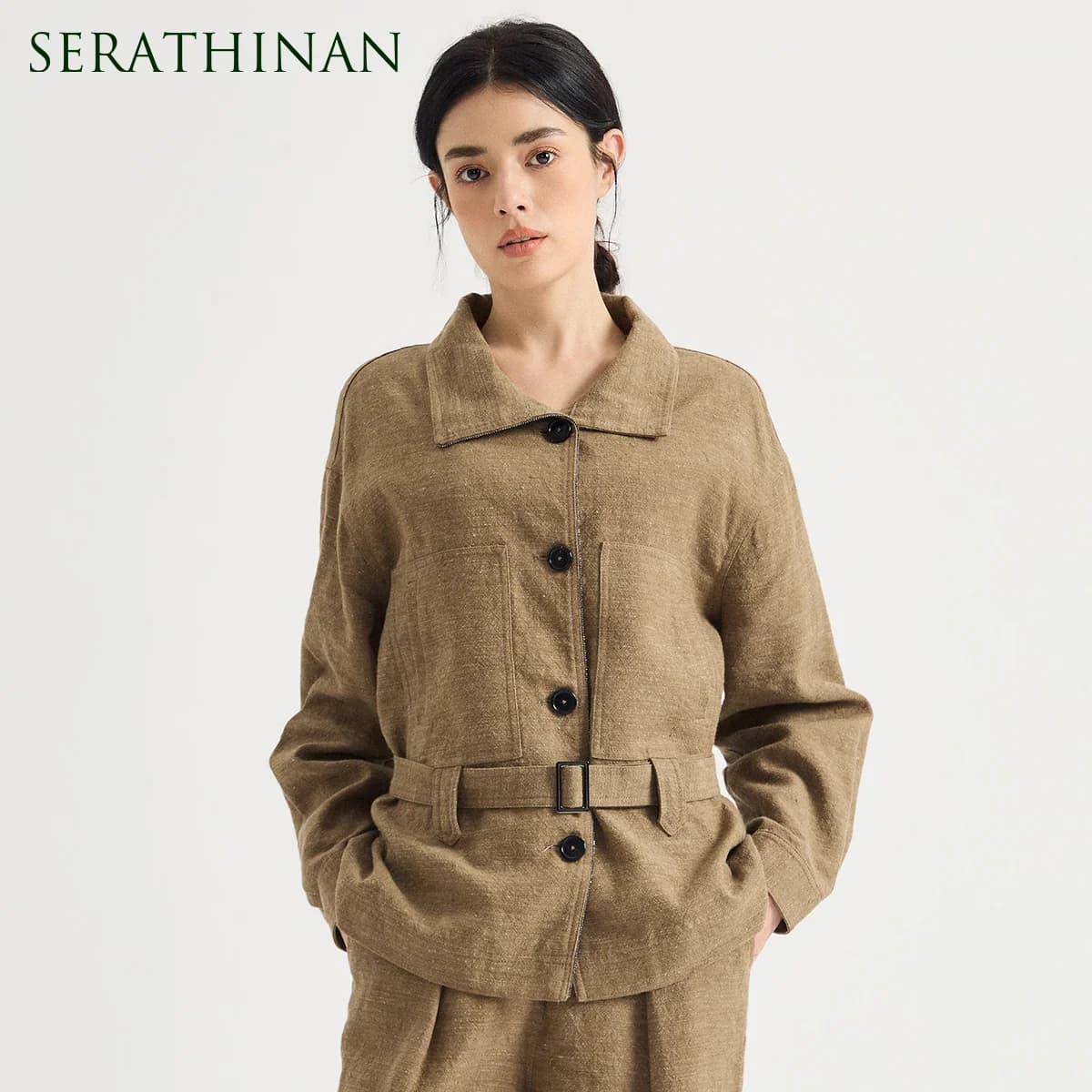 KT9623941 Women's Linen Wool Blend Belted Crop Jacket Oversized Lapel Patch Pockets Waist Belt Old Money Early Autumn Fall