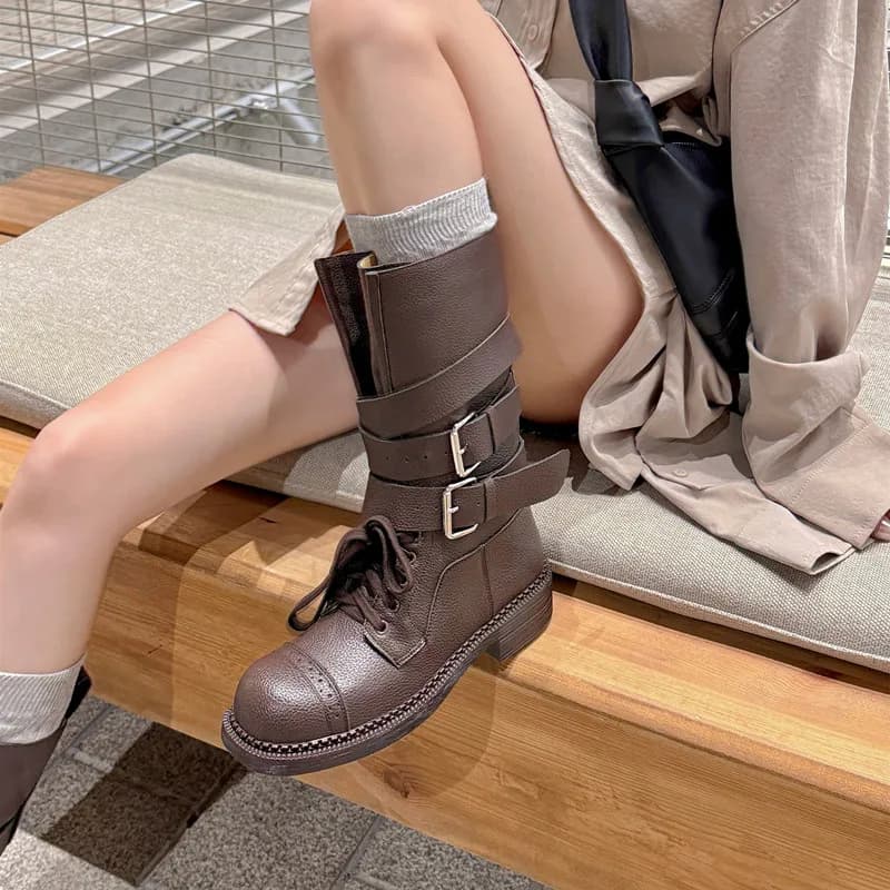 2026 new autumn winter women mid-calf boots 22-24.5cm split leather round toe thick heel lace-up belt buckle motorcycle boots