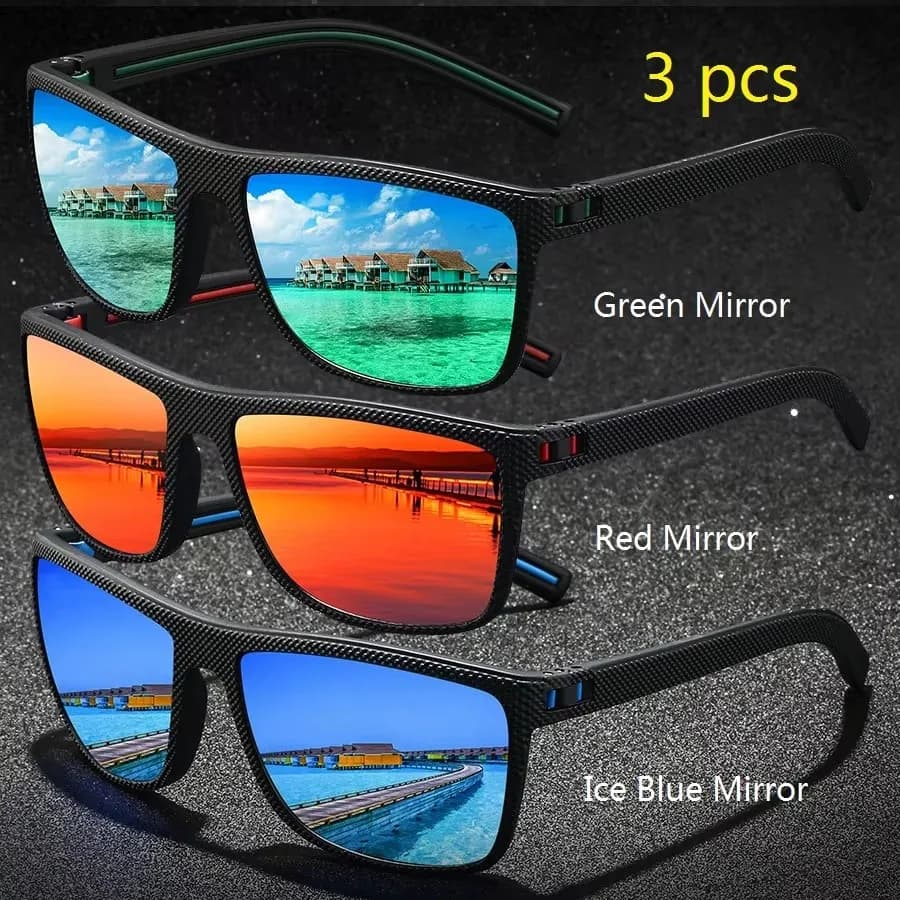 Set di 3 occhiali da sole polarizzati per uomo e donna, montatura quadrata UV400, occhiali da sole alla moda per guida, pesca, sport all'aria aperta, specchio verde/rosso