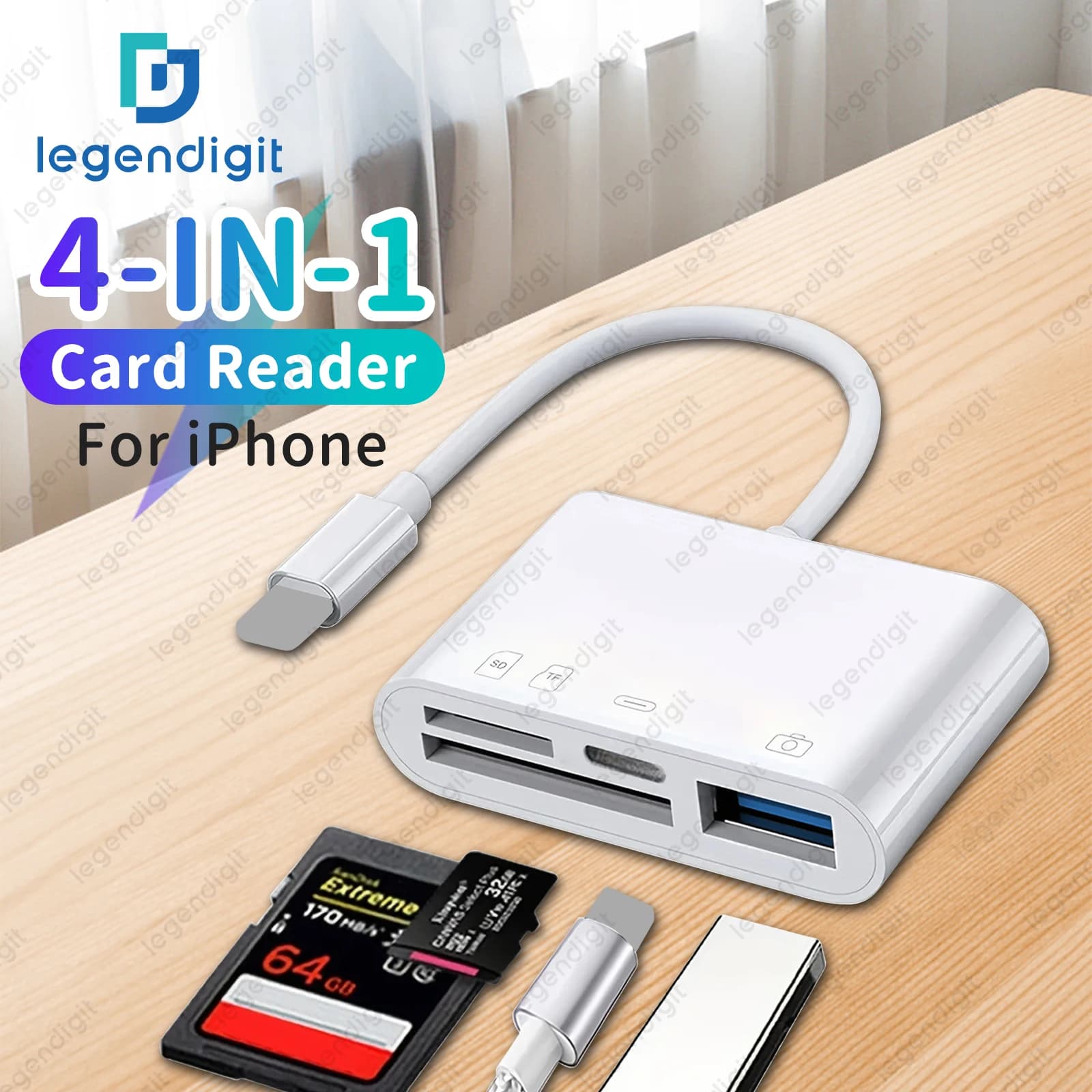 Lettore di schede SD TF 4in1 per iPhone con adattatore di ricarica iOS Cavo OTG Adattatore per fotocamera Lettore di schede di memoria Convertitore di schede Micro SD