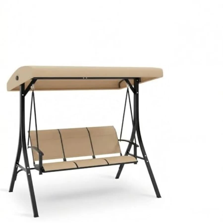 3-Seat Outdoor Patio Swing Chair with Adjustable Canopy Heavy-Duty Steel Frame Waterproof Cushions and Stand in Beige Comfortab