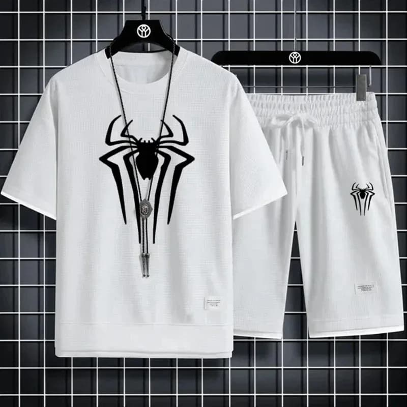 T-shirt da uomo con stampa ragno, set casual in due pezzi con pantaloncini, abbigliamento sportivo popolare, set alla moda e comodo, taglie M-3XL, per l'estate.
