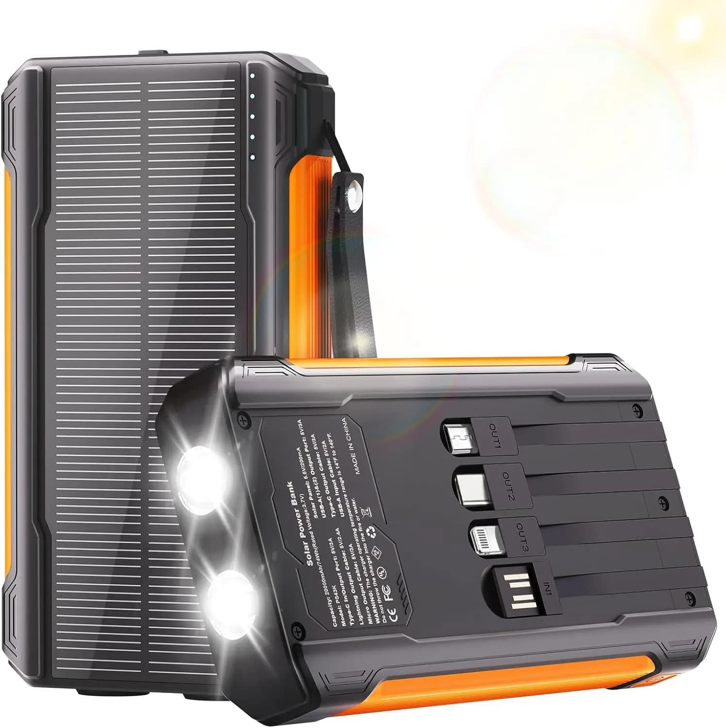 Solar Charger Power Bank 20000mAh, Portable Charger with 4 Cables | 3 Ports Fast Charging External Battery Pack