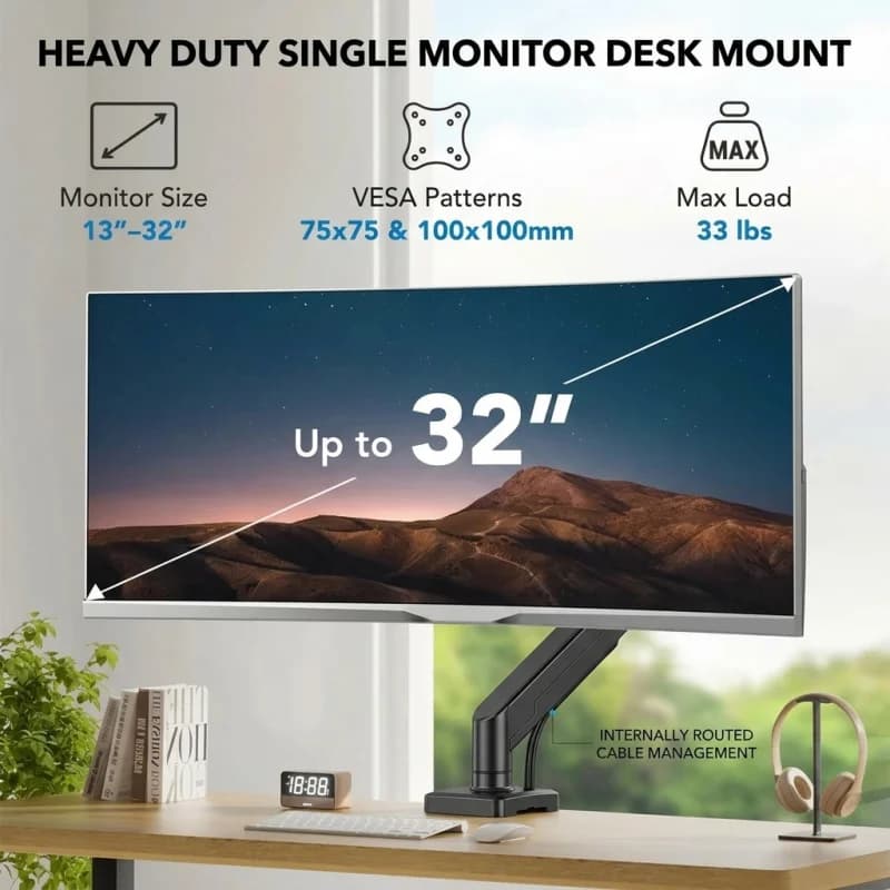 Supporto per Monitor Resistente da 32 Pollici, Braccio Singolo da Scrivania Regolabile per Configurazione Computer, Finitura Nera