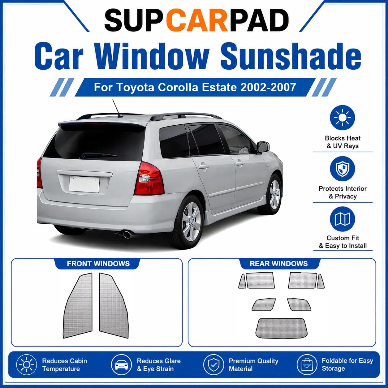 For Toyota - Toyota Corolla Estate 2002-2007 Full Set Car Window Sunshades UV Block Privacy Heat Insulated Foldable Car Curtain
