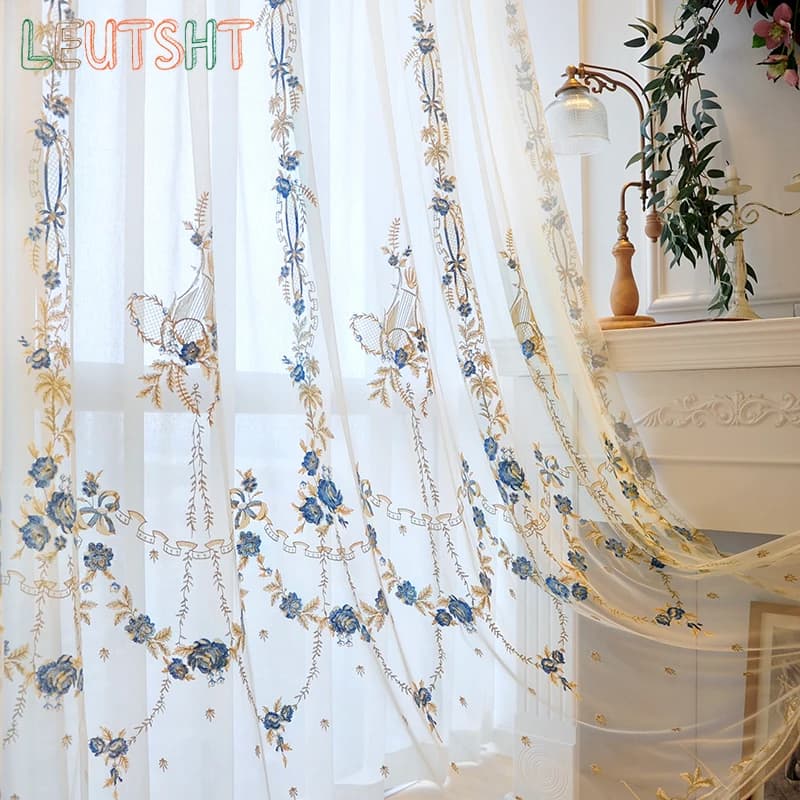 French Romantic Curtains Villa Bedroom Living Room Blue Embroidered Light Luxury Wedding Decoration Curtain