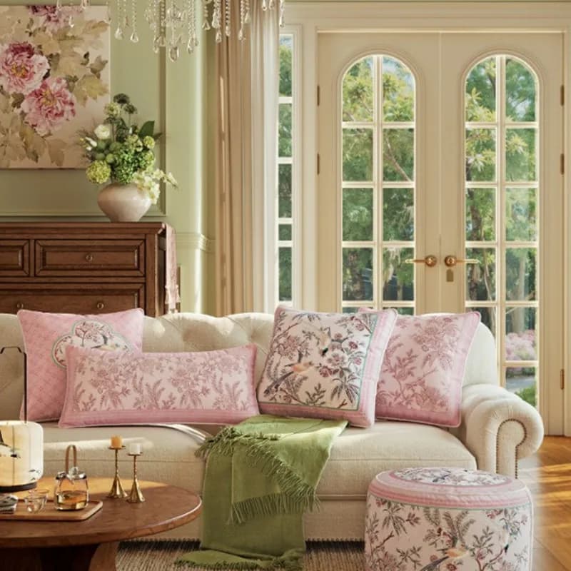 Pink Vintage Floral Bird Velvet Throw Pillow Cover French Country Pastoral Lumbar Square Cushion Cover Soft Velvet Pillowcase