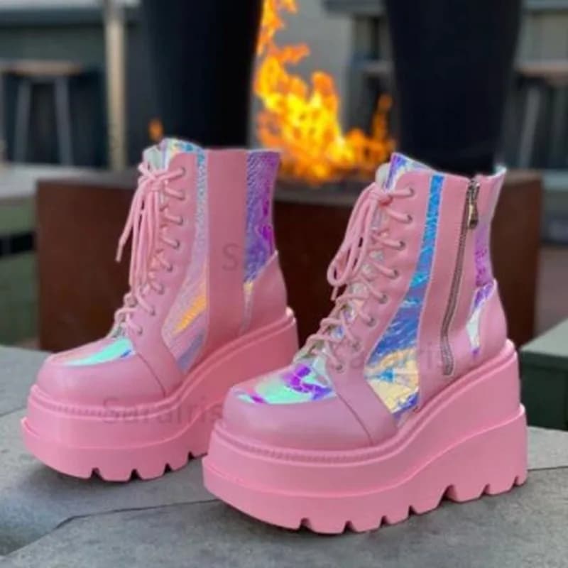 Stivaletti da donna rosa olografici con plateau, alla moda, gotici, con tacco a zeppa, allacciati, con cerniera laterale, stile punk, botas para mujer