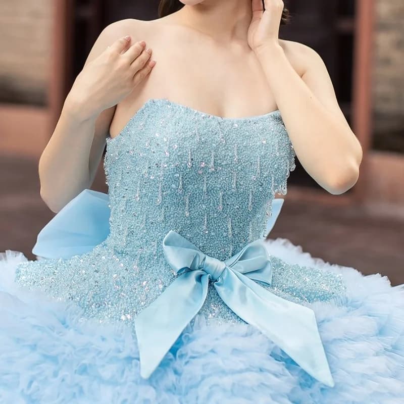 Light Blue Quinceanera Dress Crystal Sequins Decal Long tail Lace Layering off-shoulder Bow Vestidos De 15 Quinceanera Customiz