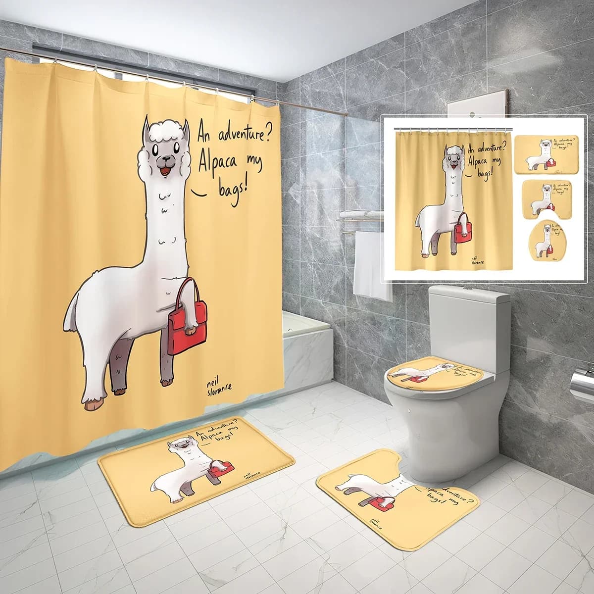 Set di tende da doccia in alpaca da 4 pezzi con coperchio per WC e tappetino da bagno Set di decorazioni per il bagno impermeabili con disegno di cartoni animati per bambini