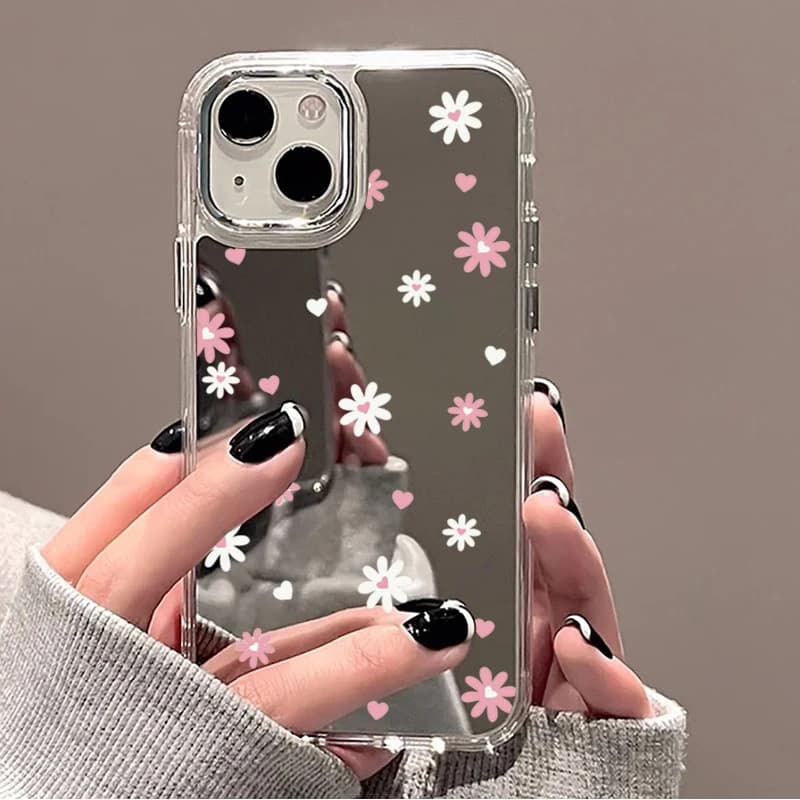 Mirror Case with Floral Tulip Cherry Pattern Phone Case for iPhone 17 16 15 14 11 12 13 Pro Max 16E Shockproof Clear Cover