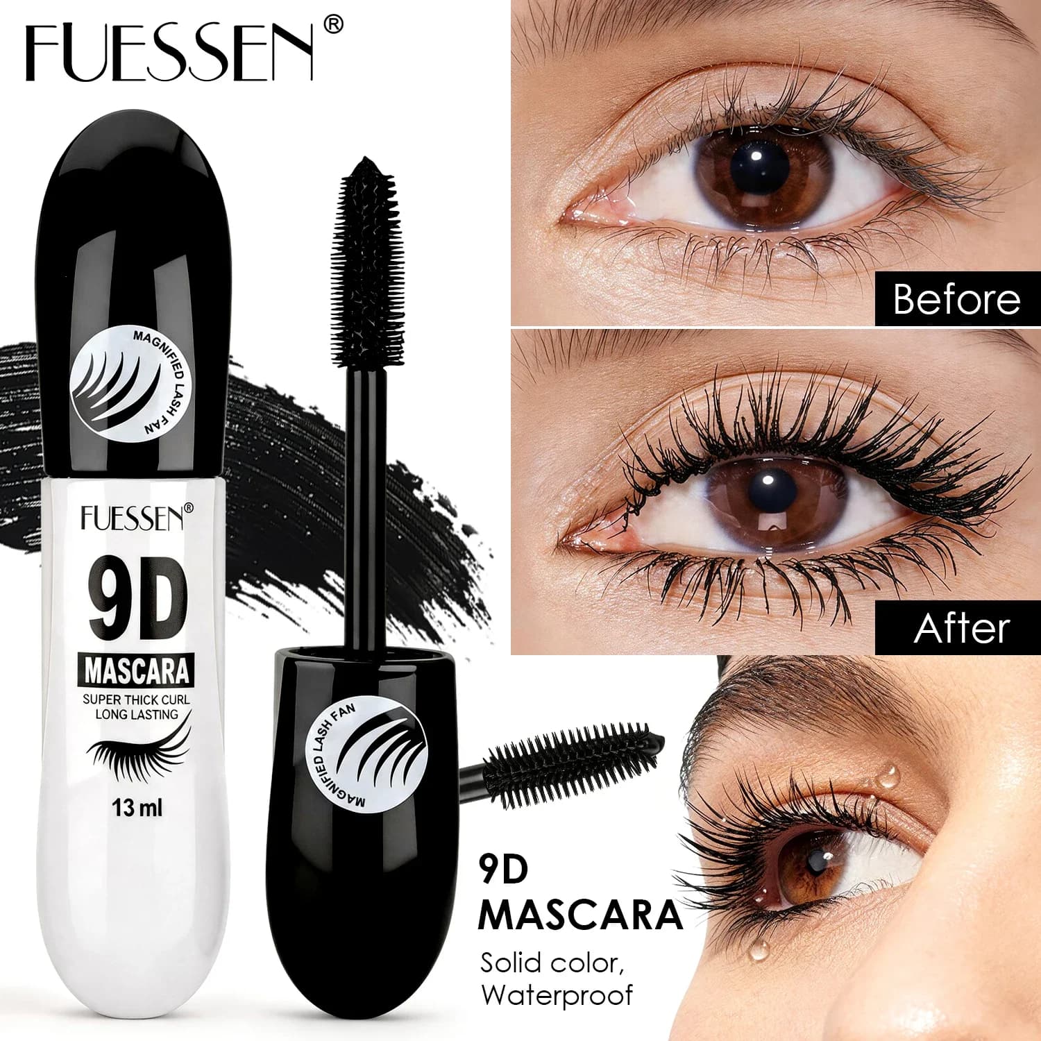 Regalo per la Festa della Mamma: Mascara Volumizzante FUESSEN-9D, Nero Intenso Impermeabile a Lunga Durata, Effetto Ciglia Folte e Voluminose, Miglior Regalo per le Ciglia