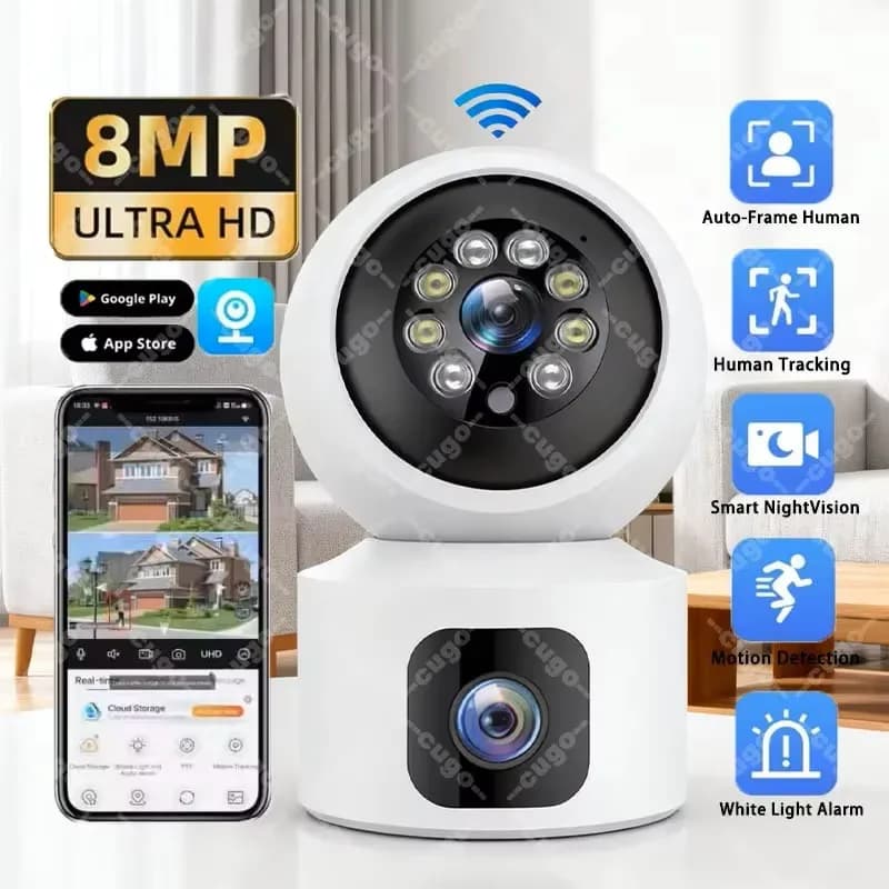 8MP 4K Wifi Telecamera Dual Lens Indoor Smart Home IP Camera Visione notturna Audio bidirezionale Wireless PTZ Sorveglianza Baby Monitor CCTV