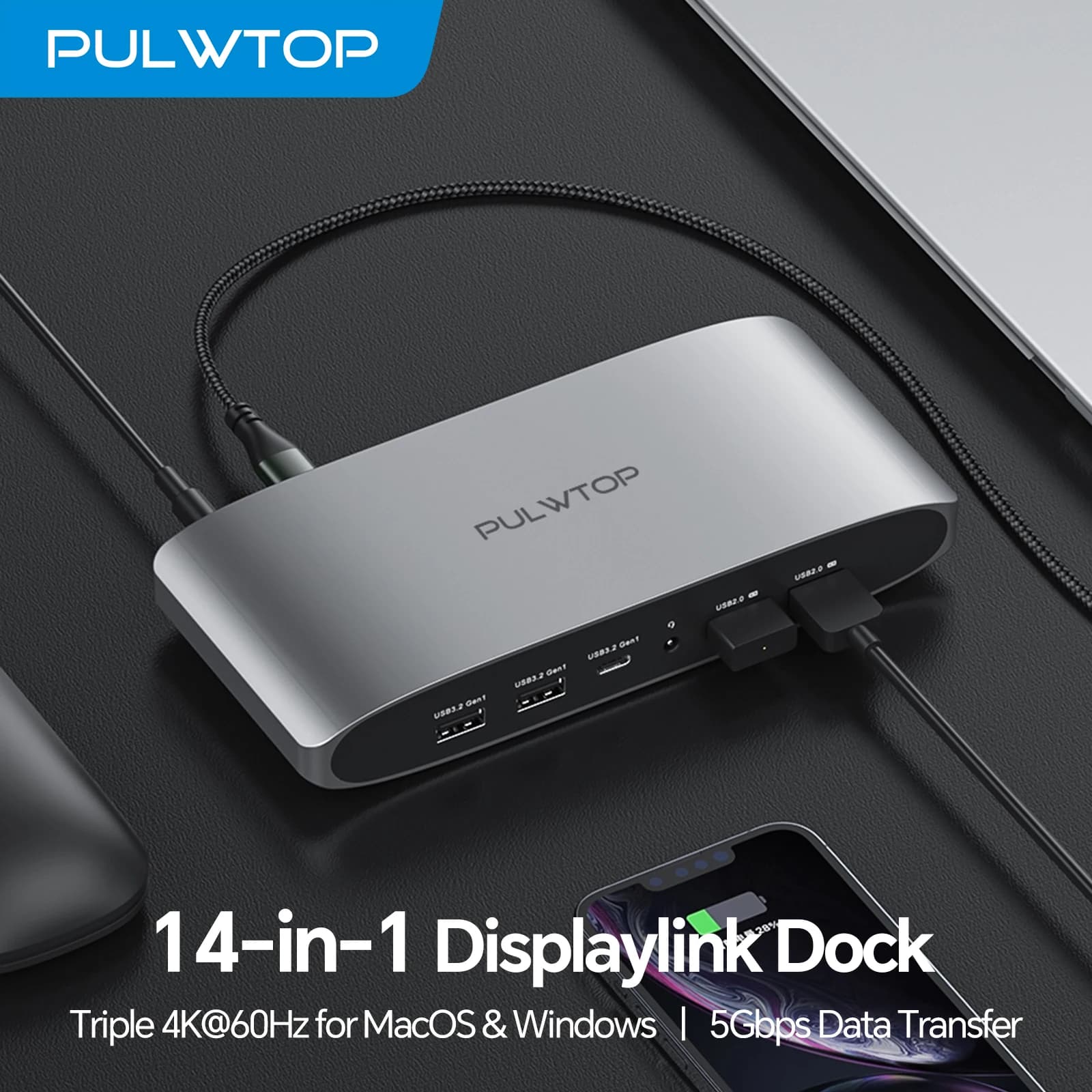 PULWTOP Docking station USB C Displaylink 14 IN 1 con 2 HDMI4K a 60 Hz, 2 porte display, PD, dati USB C, 4 USBA, Ethernet, audio