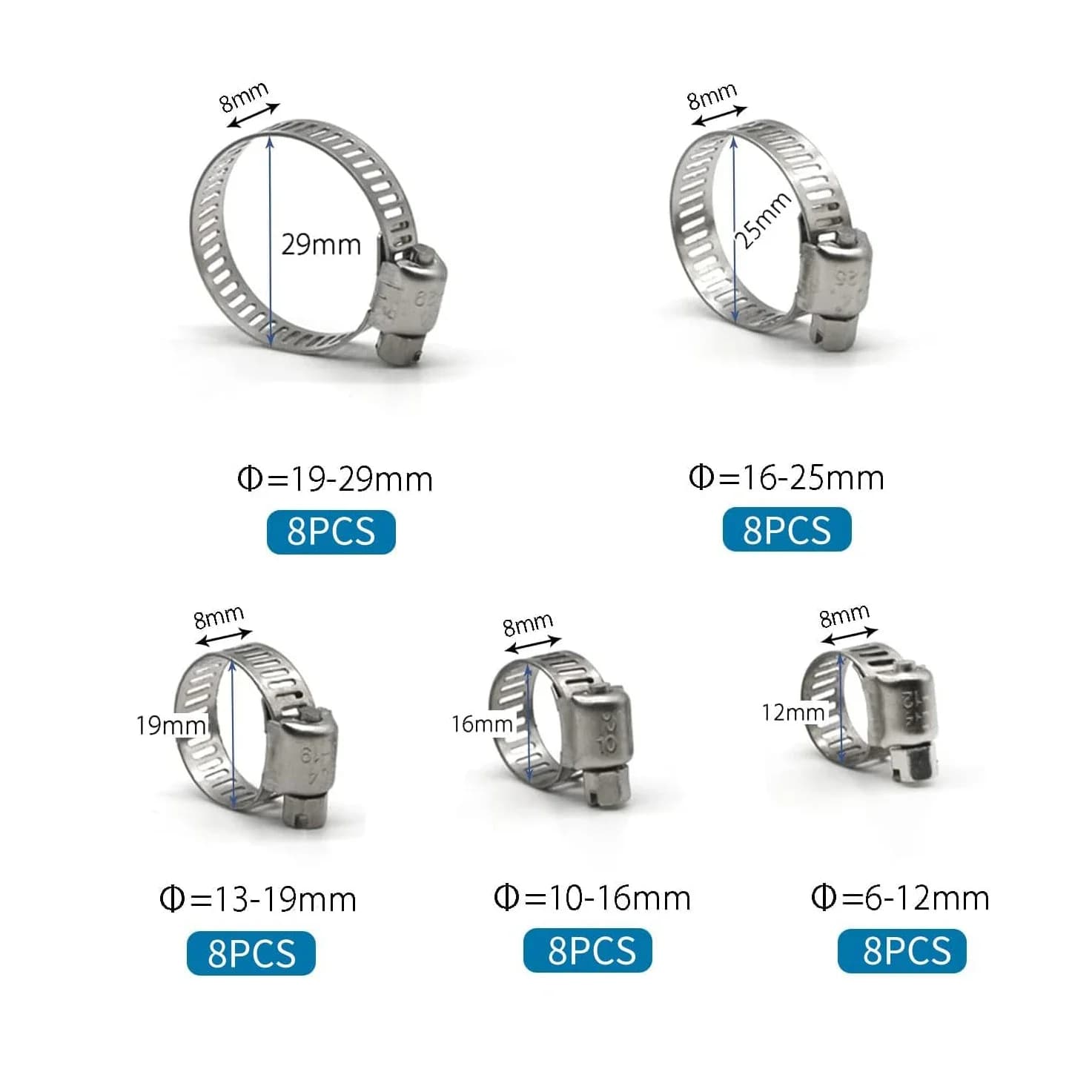 40pcs Box-Packed 8-29mm Stainless Steel American Style Throat Clamp Box Clamp Combination Clamp Ring Clamp Ring Joint