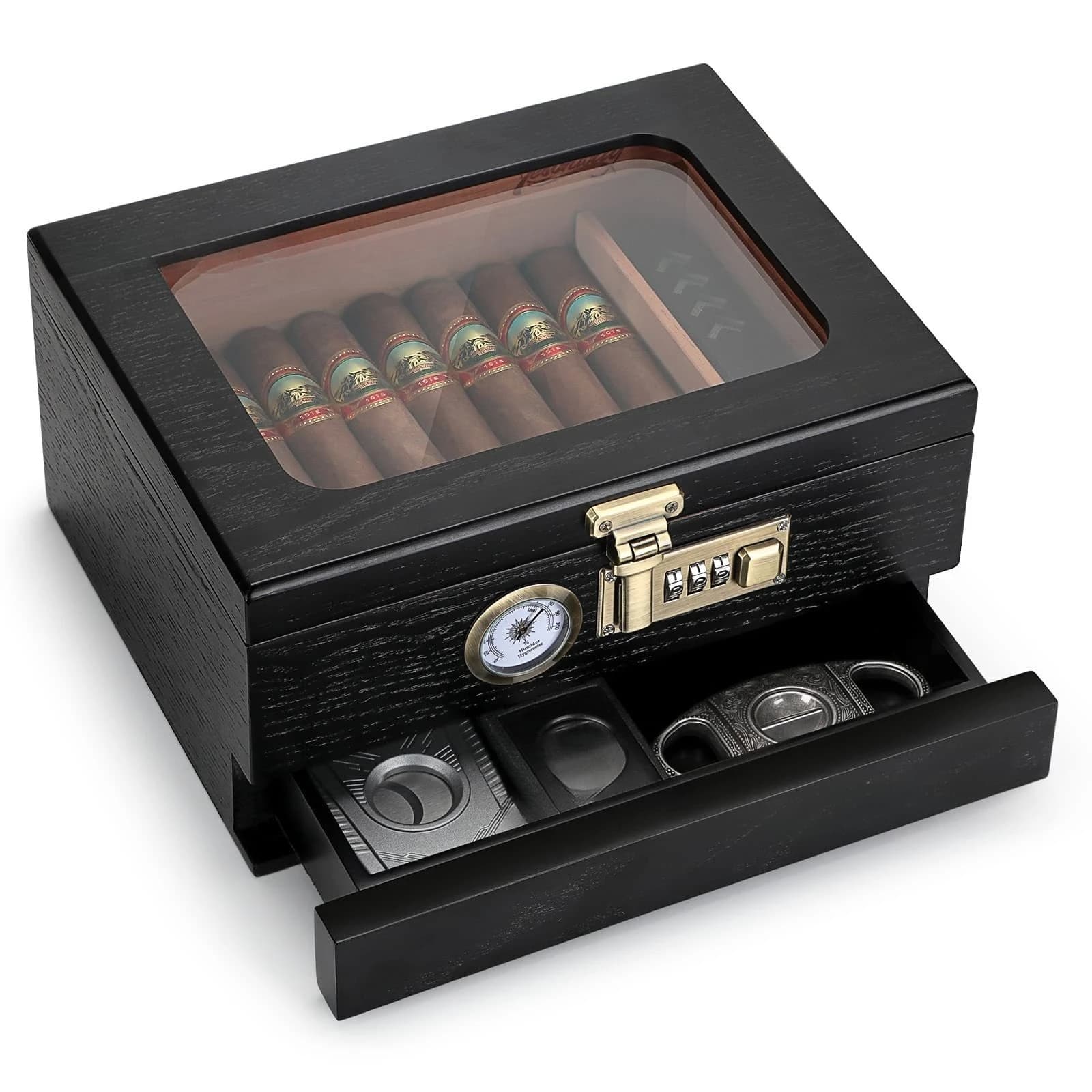 Retro Cigar Humidor Cedar Wood Humidor Cigar Box Glass Top Desktop Humidor with Front Hygrometer Humidifier Divider Accessories