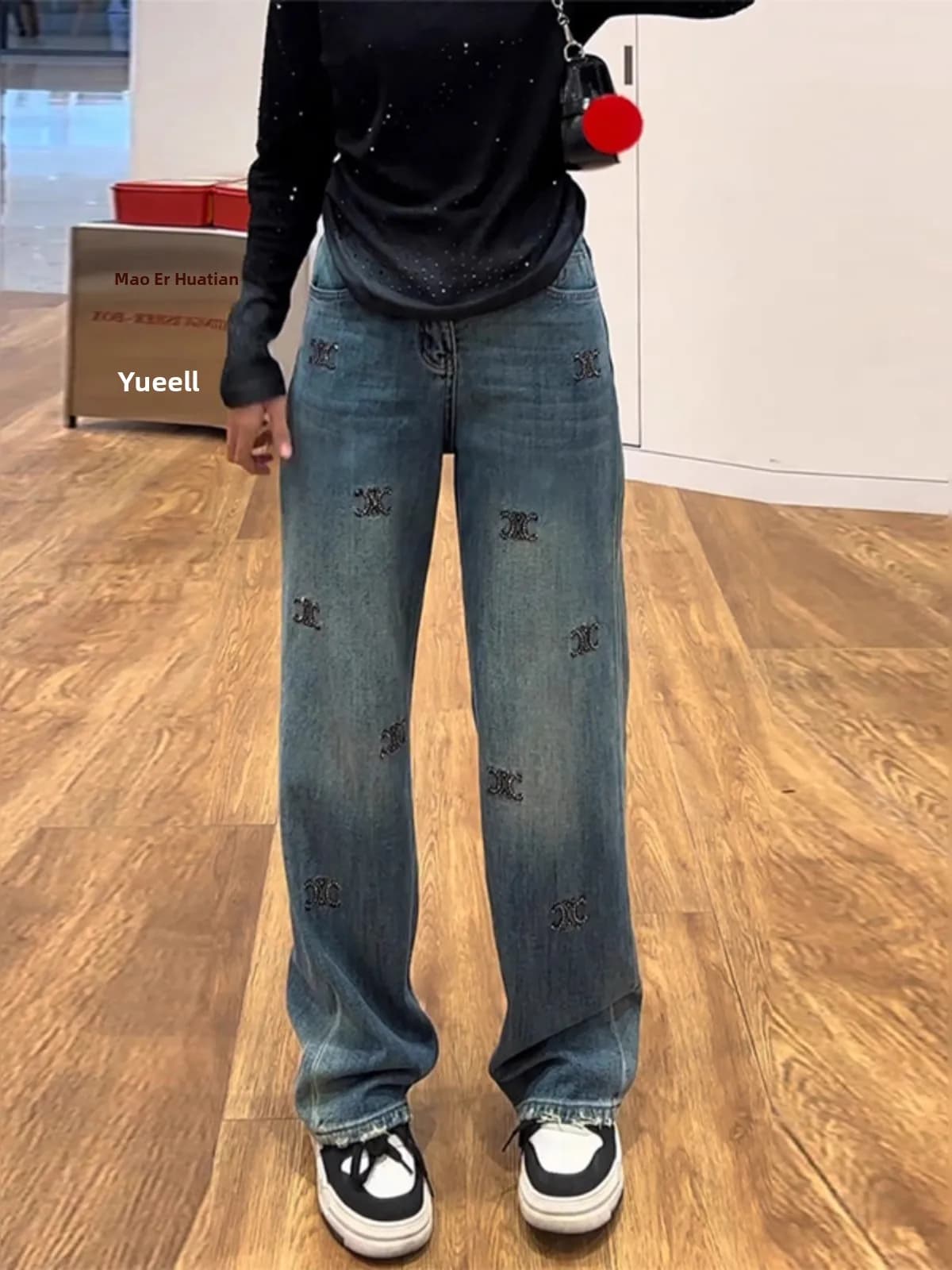 Jeans Donna Primavera 2025 Slim a Gamba Larga Vita Alta Taglio Dritto con Diamanti, Pantaloni in Denim dal Design Sensazionale Effetto Snellente