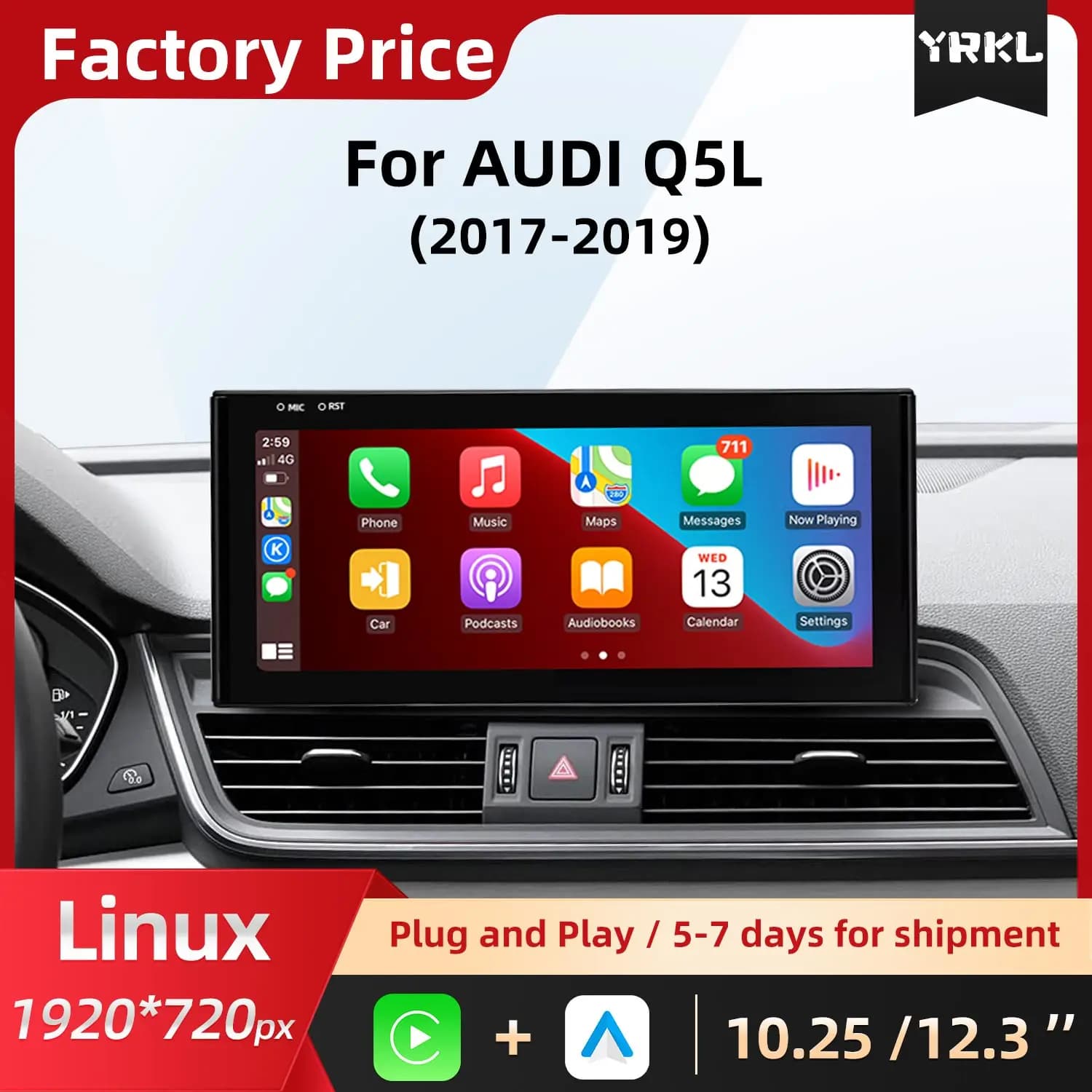 Monitor Centrale Touch Screen per AUDI Q5L con Linux, Carplay Wireless, Android Auto, Radio Auto, Lettore Multimediale Video, Navigazione GPS